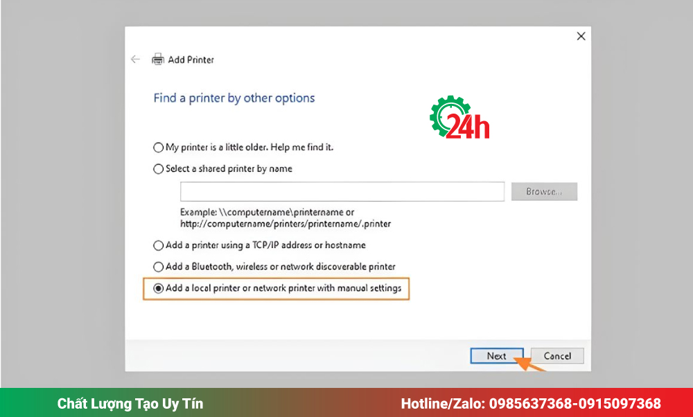 Add a local printer or network printer with manual settings