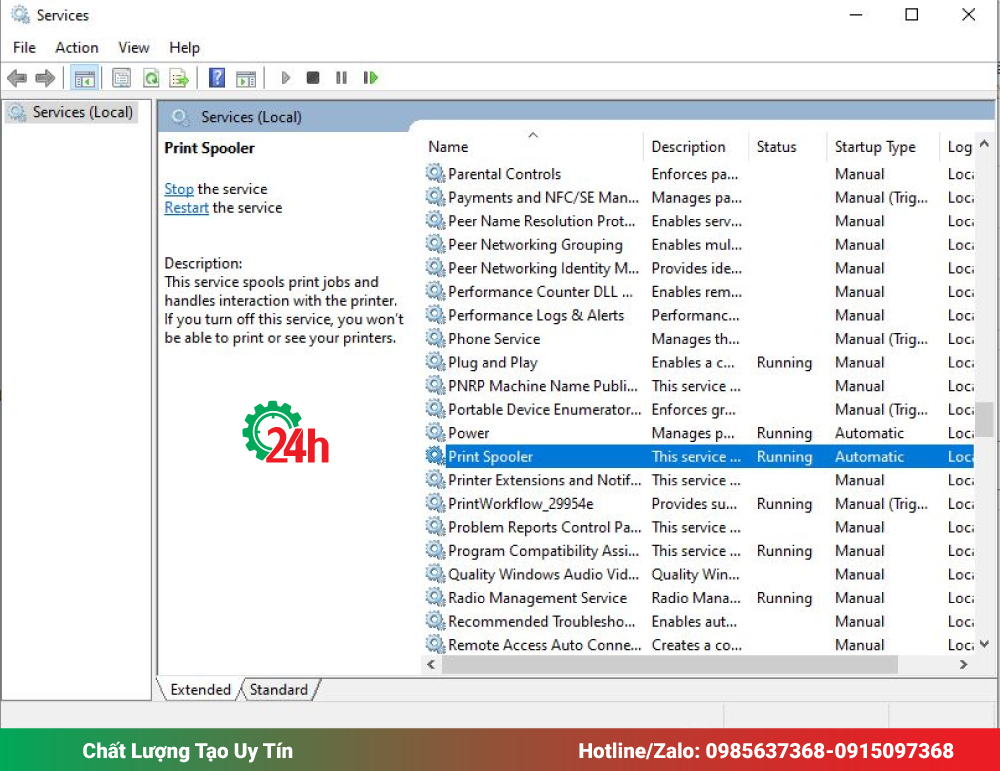 Khởi động lại dịch vụ Print Spooler