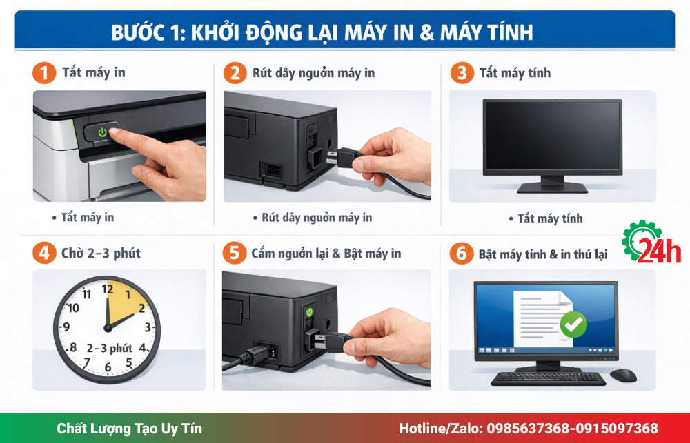 Khởi động lại máy in và máy tính theo đúng quy trình