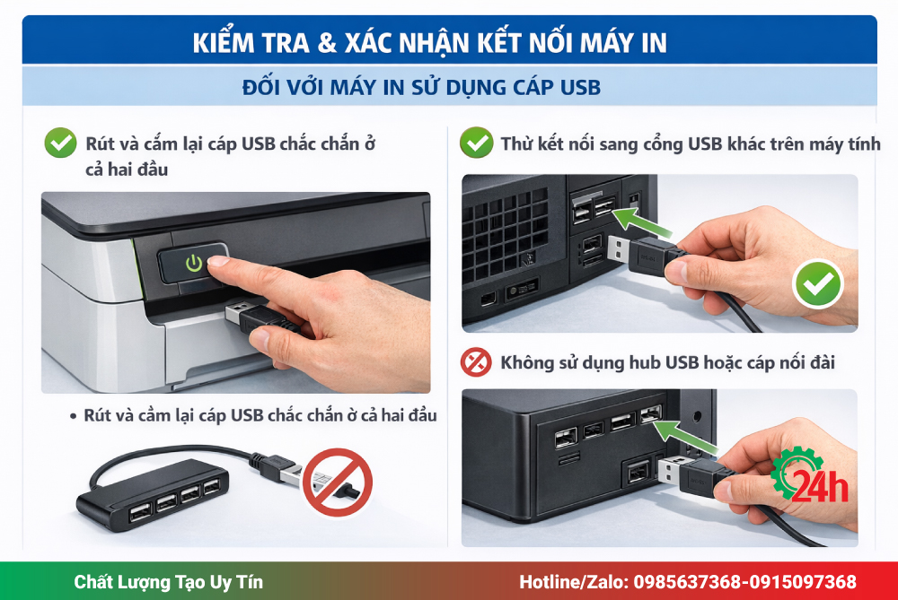 Kiểm tra và xác nhận kết nối máy in