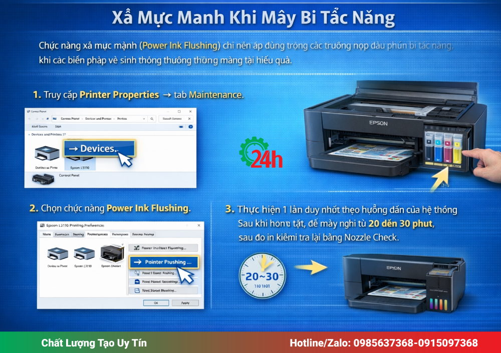 Xả mực mạnh khi máy bị tắc nặng