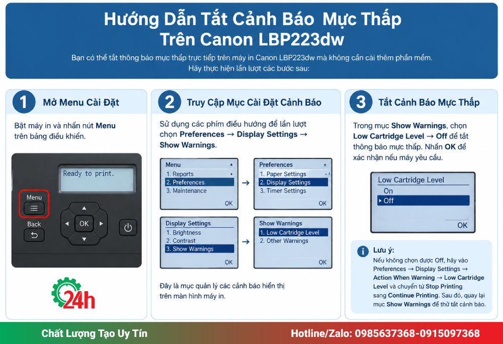 Hướng Dẫn Tắt Cảnh Báo Mực Thấp Trên Canon LBP223dw